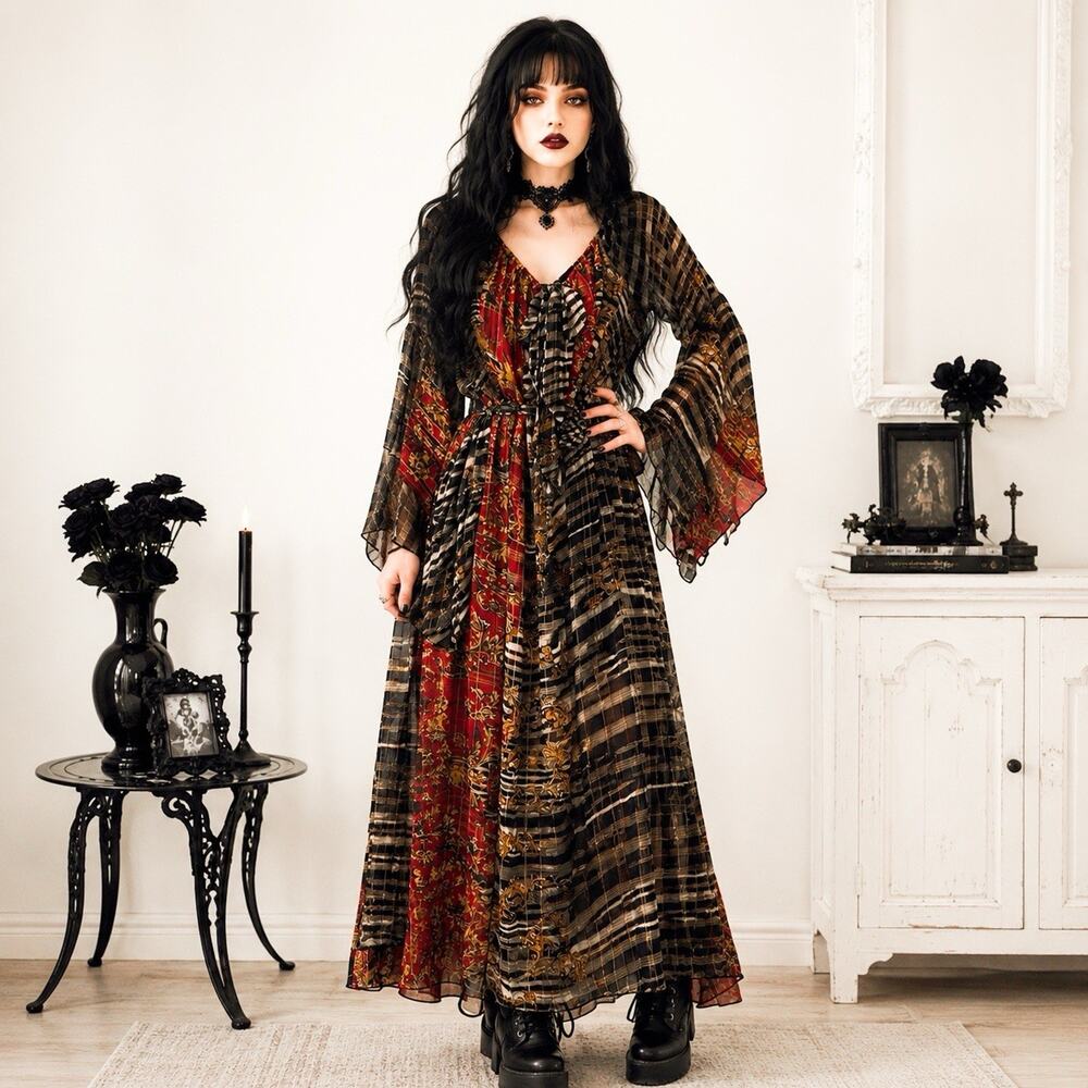 Maxi Dress Vamp Y2K Goth Witchy Whimsigoth Dark Fairy - Red Black Brown, Size L